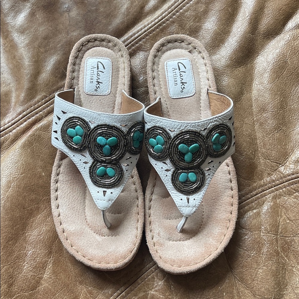 Clarks Women's Sandals - Cream with Green Stone and silver decoration. Size 9.5